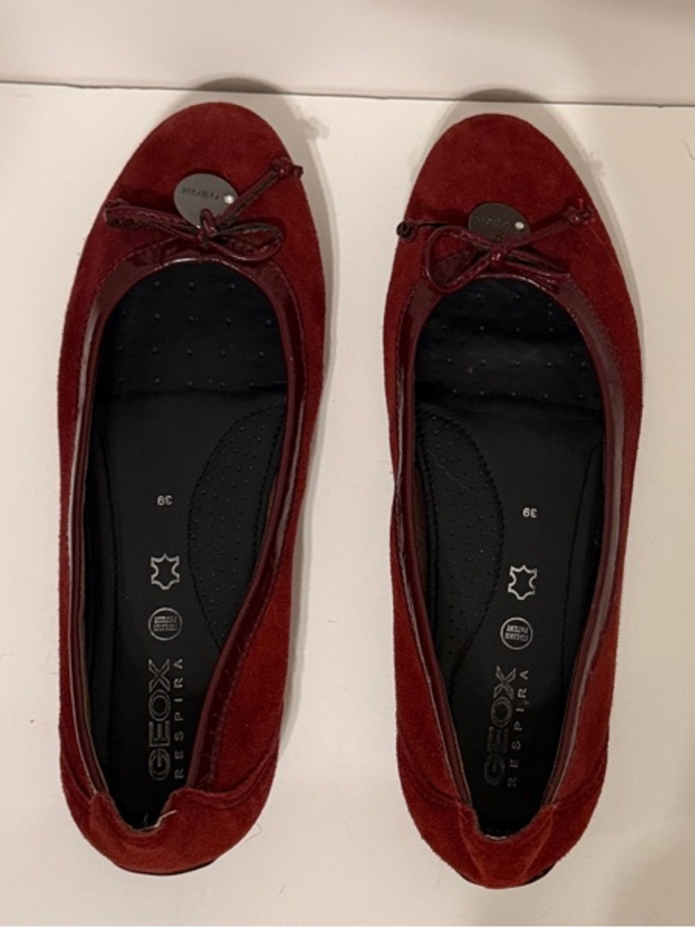 Geox Women's Burgundy Suede Ballet Flats with Bow and Medallion